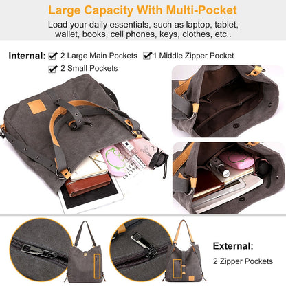 Ladies Canvas Tote Bag Multifunctional Purse Handbag Adjustable Shoulder Rucksack Convertible Backpack Wear-Resistant Dirt-Proof For Women School Office Travel
