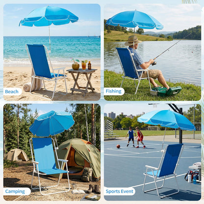 1 Pack Heavy Duty Steel Beach Chair with Umbrella, XL Size 15" Seat Height Royal Blue, Oxford Cloth with Support Bar, Single Position Adjustable, 120kg Load