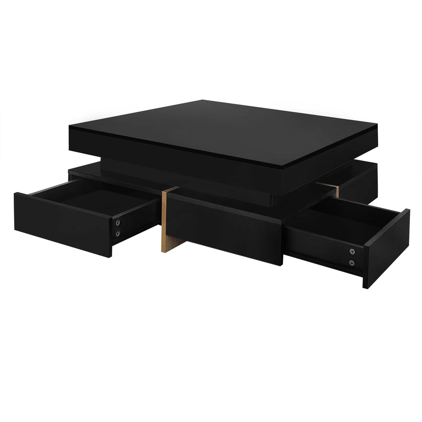 Sleek Black High Gloss Modern Coffee Table with 4 Drawers for Organized Living Rooms, Square Design with Wood Grain Legs, Ideal Cocktail Table 31.5''x31.5''