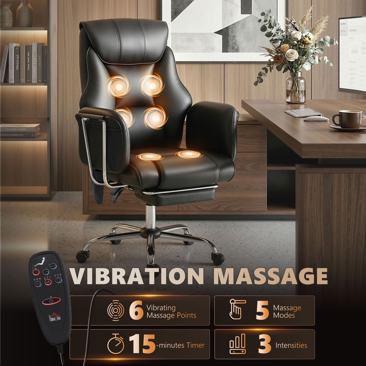 HOMCOM Massage Office Chair with 6 Points Vibration, Executive Desk Chair with High Back, PU Leather, Footrest, Black