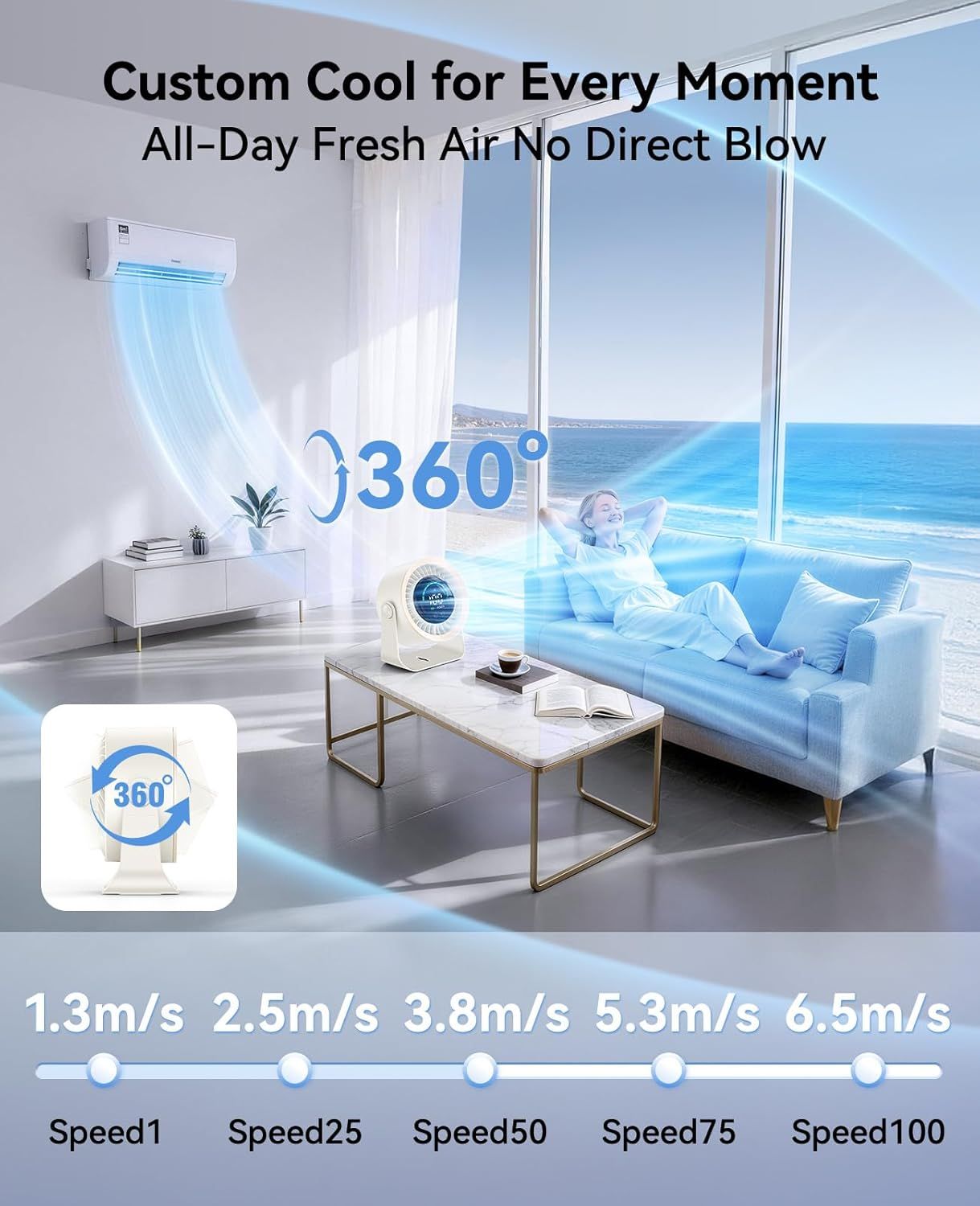 Rechargeable USB Desk Fan for Bedroom, 100 Speeds, 360° Rotation, Wall Mounted Design Small Portable Table Fan with LED Display, Quiet Personal Desktop Cooling Fans for Home Office