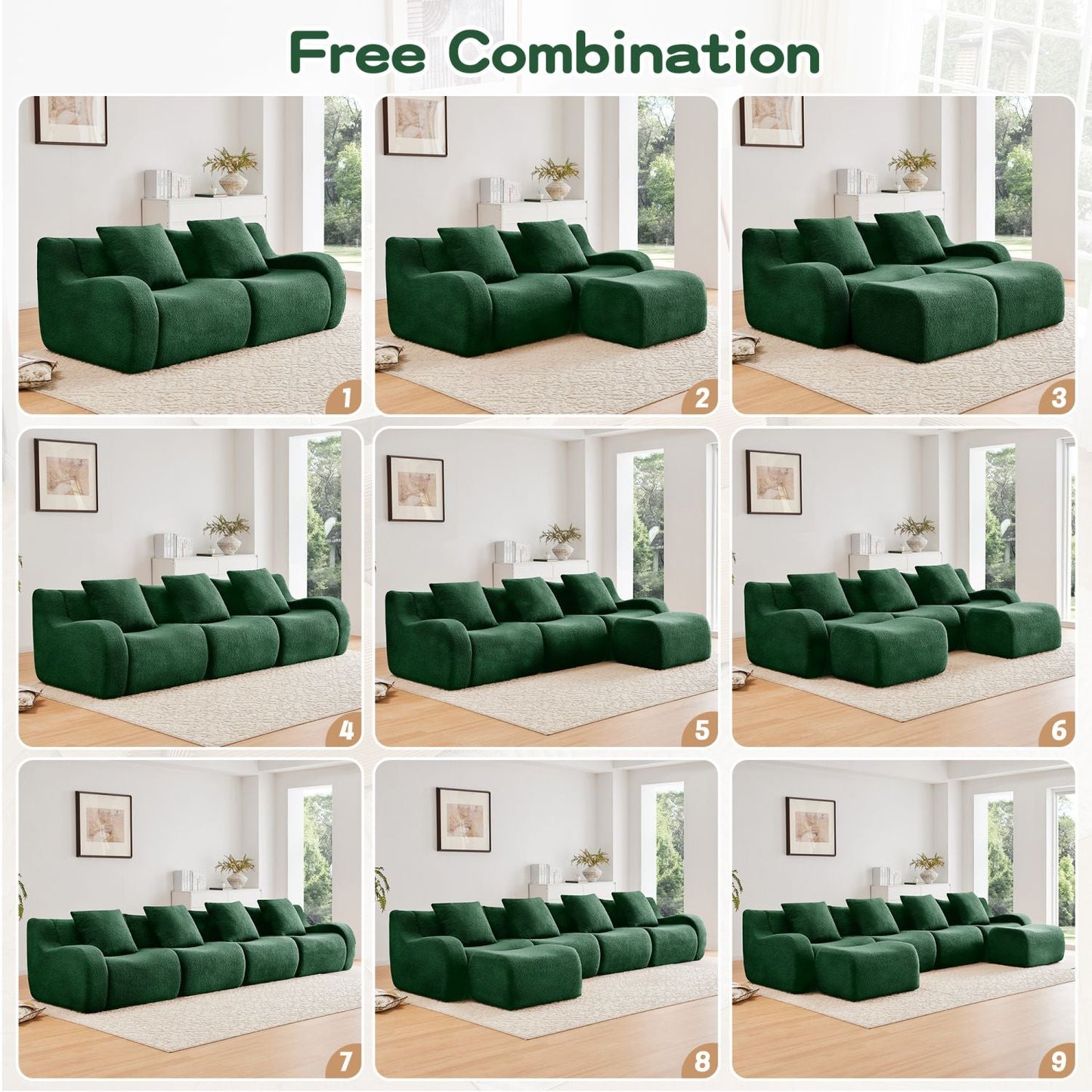 Soft Teddy Fabric Boneless Sofa,No Assembly Required Streamlined Design,Anti-Slip Design 32D High Density Sponge Fits Living Rooms Bedrooms,Green