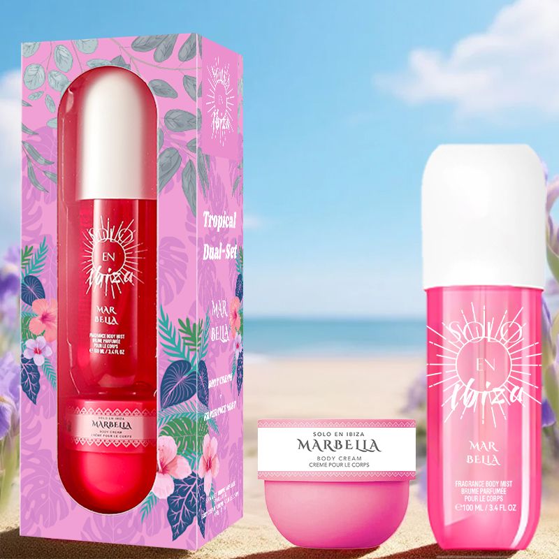 2-Piece Set, SOLO EN IBIZA Body & Hair Fragrance Mist And Body Cream Gift Box For Men And Women, Long Lasting Fragrance, 4 Different Scent, Perfect For Holiday Gifts, Dating, Daily Life, Parties