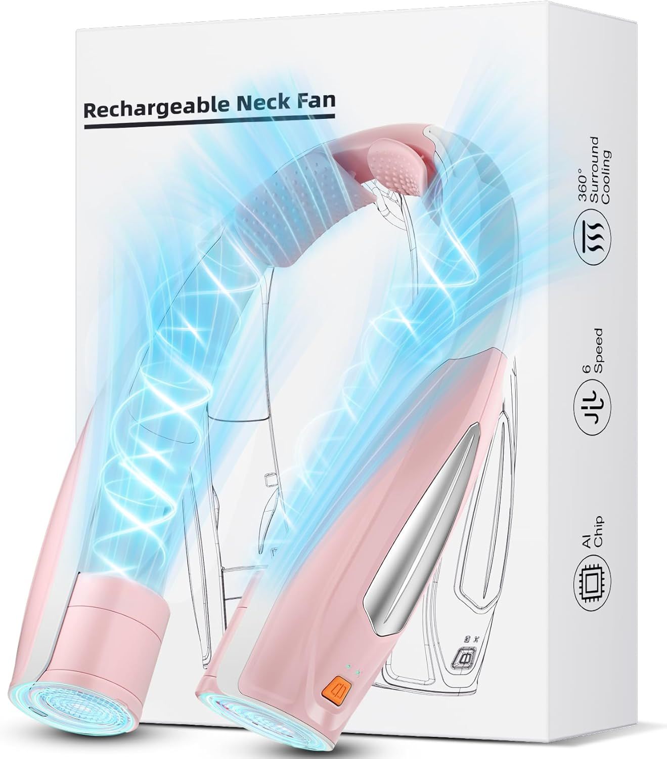 Neck Fan, 6 Speeds Adjustable Portable Personal Fan Rechargeable, Faster Cooling Wearable Fan, Ultra Quiet for Home, Office, Travel, Outdoor