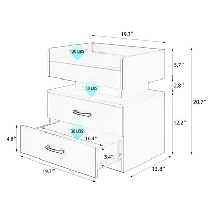 2 Set Nightstand with Adjustable LED Strip Light, 2-drawers, Large Storage Space, Suitable for Bedside Table, Coffee Table, Sofa Side Table or End Table for Study Desk