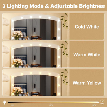Luxurious Makeup Vanity with 10 Hollywood Bulbs, 3 Color Lighting Modes, Classic Dressing Table with Cushioned Stool and 9 Storage Drawers for Bedroom