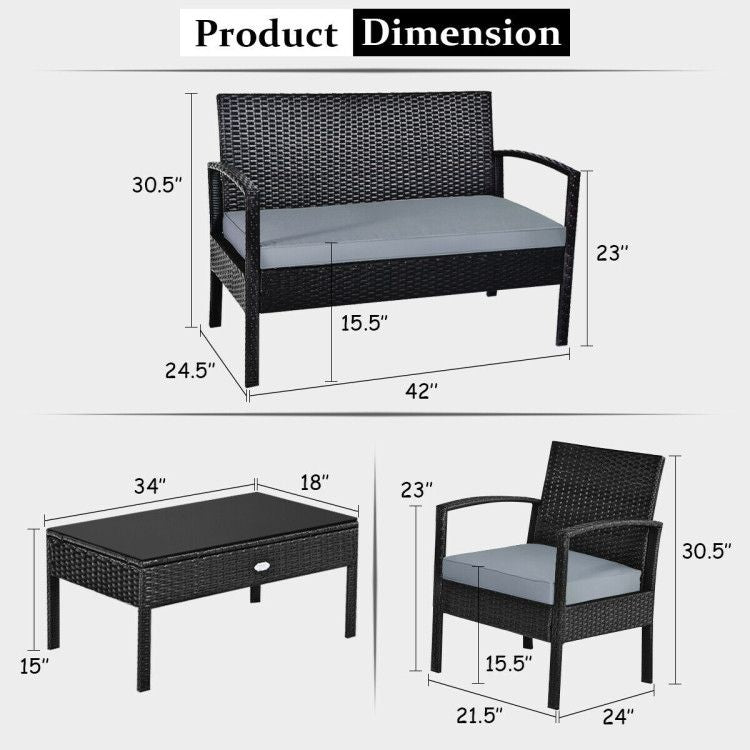 4 Pieces Patio Rattan Cushioned Furniture Set with Loveseat and Table Outdoor Conversation Sets