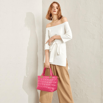 Puffer Tote Bag for Women with Zipper, Quilted Puffy bag Lightweight Crossbody Hobo Padded Handbag with Strap-Rose