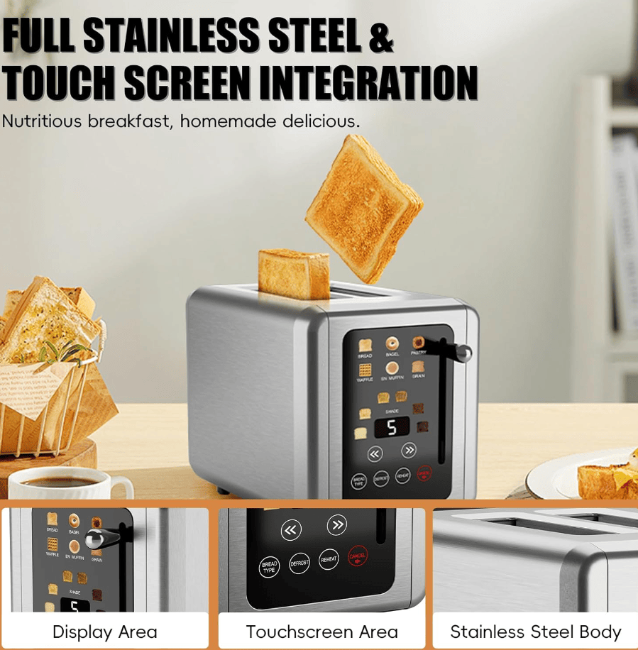 Retro Stainless Steel Toaster with 6 Browning Levels & 3 Functions - Perfect for Defrosting, Reheating, & Cancelling