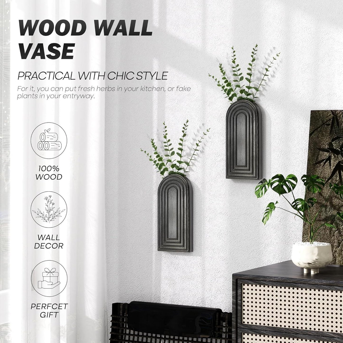 Pine Wood Wall Vases Set of 2 – Modern Wall Decor & Hanging Planters for Indoor Plants – Boho Home Decor Accent with Rustic Charm for Living Room, Kitchen & Bedroom (Black)