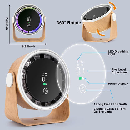 Small Desk Fan 5000mAh Rechargeable Battery Powered -Retro Low Noise Quiet Portable Gentle Blowing with LED Night Light Office Bedroom Table Top Wall Hanging Kitchen Camping Dorm 5-Speed 360° Rotation