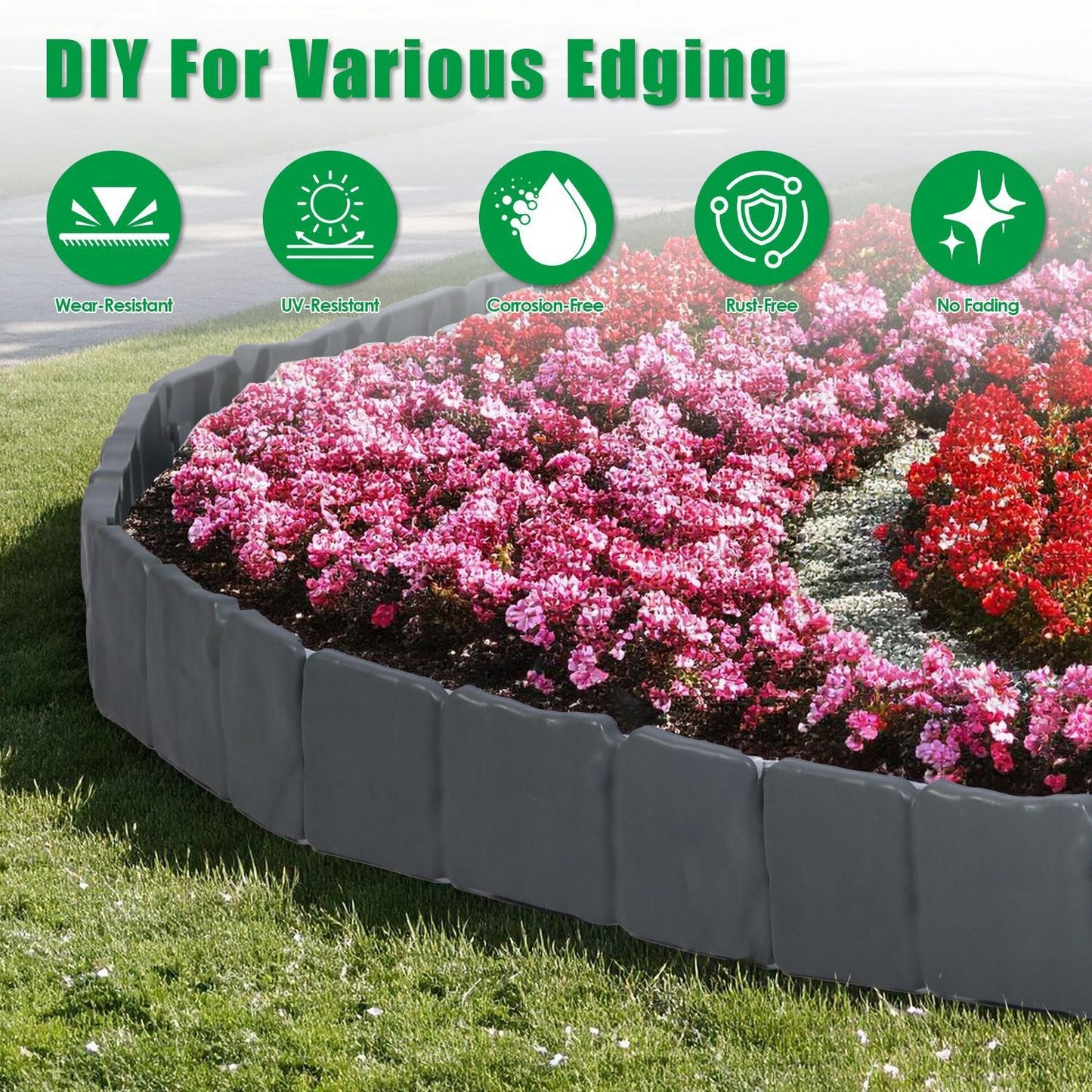 Flexible Cobblestone Landscape Edging, Weather Resistant PVC Garden Border Edging with Spikes & Shovel, Interlocking No Dig Lawn Edging for Yard Flower Bed Pathway