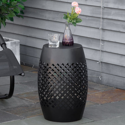 12.5" Steel Outdoor Side Table, Round Hollow Drum Patio End Table, Accent Table for Indoor and Outdoor, Black
