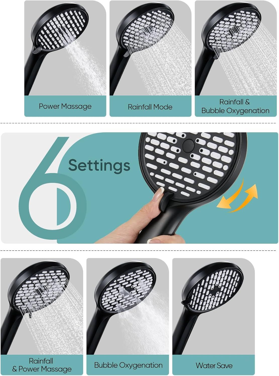 11.8 Inch Rain Shower Head with 6 Modes Handheld Water Spray High Pressure Showerhead Combo with 11 Inch Adjustable Extension Arm