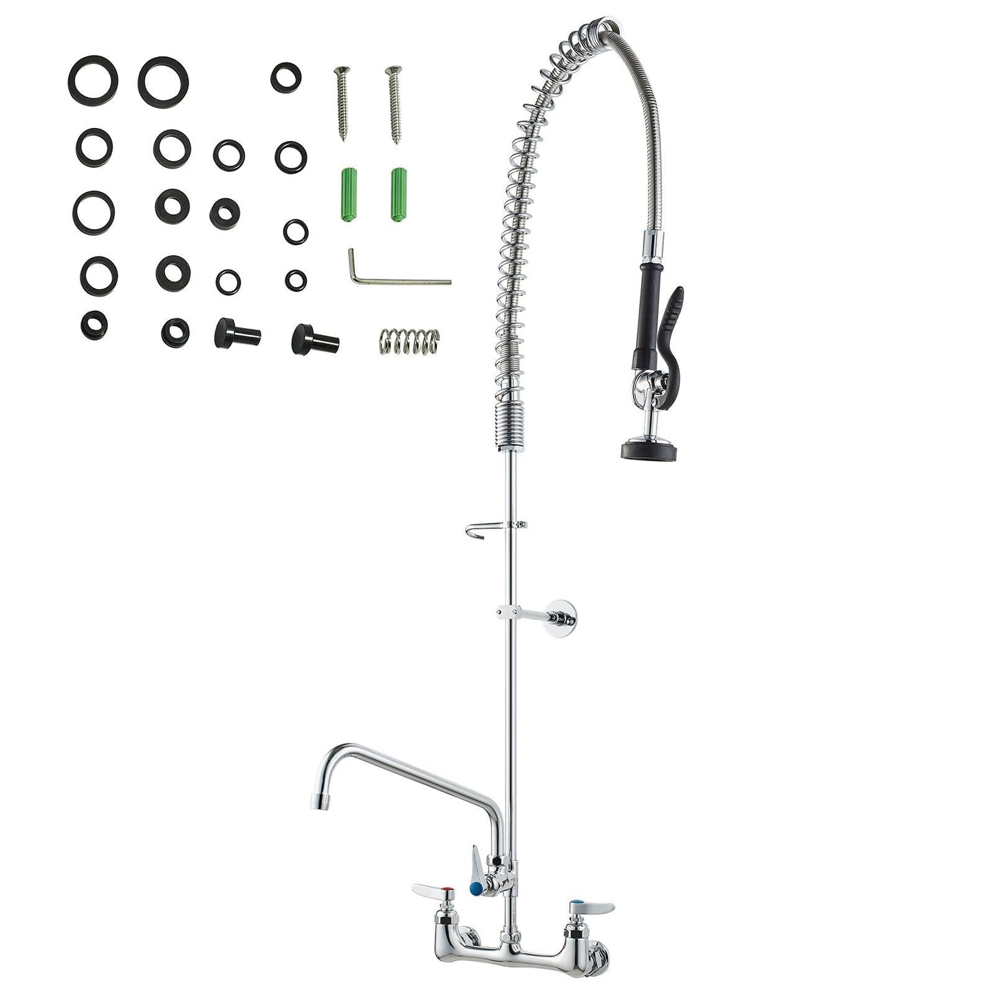 Wall-Mounted Kitchen Faucet, 47" Tall, 8" Apart, with 12" Rotating Spout and Pre-Rinse Spray, Brass Build, Pull-Down Feature for Multi-Compartment Sinks
