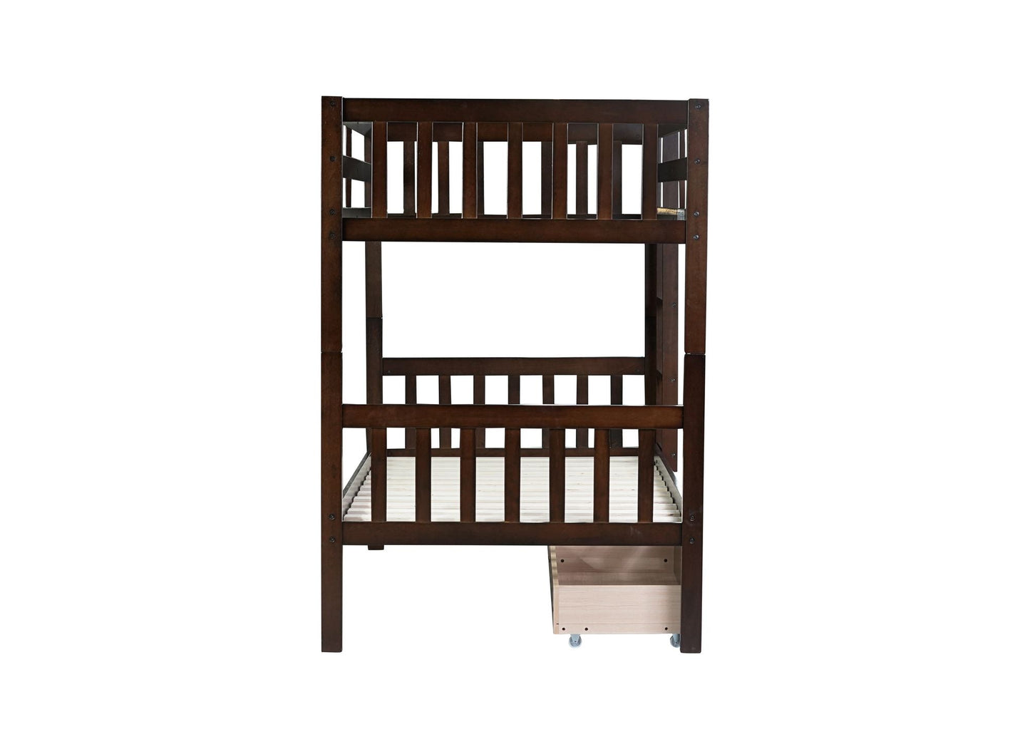 Twin Over Twin Rubber Wood Bunk Bed with 2 Drawers, Convertible into 2 Twin Beds, Twin Size Bunk Bed with Ladder and Safety Guardrails