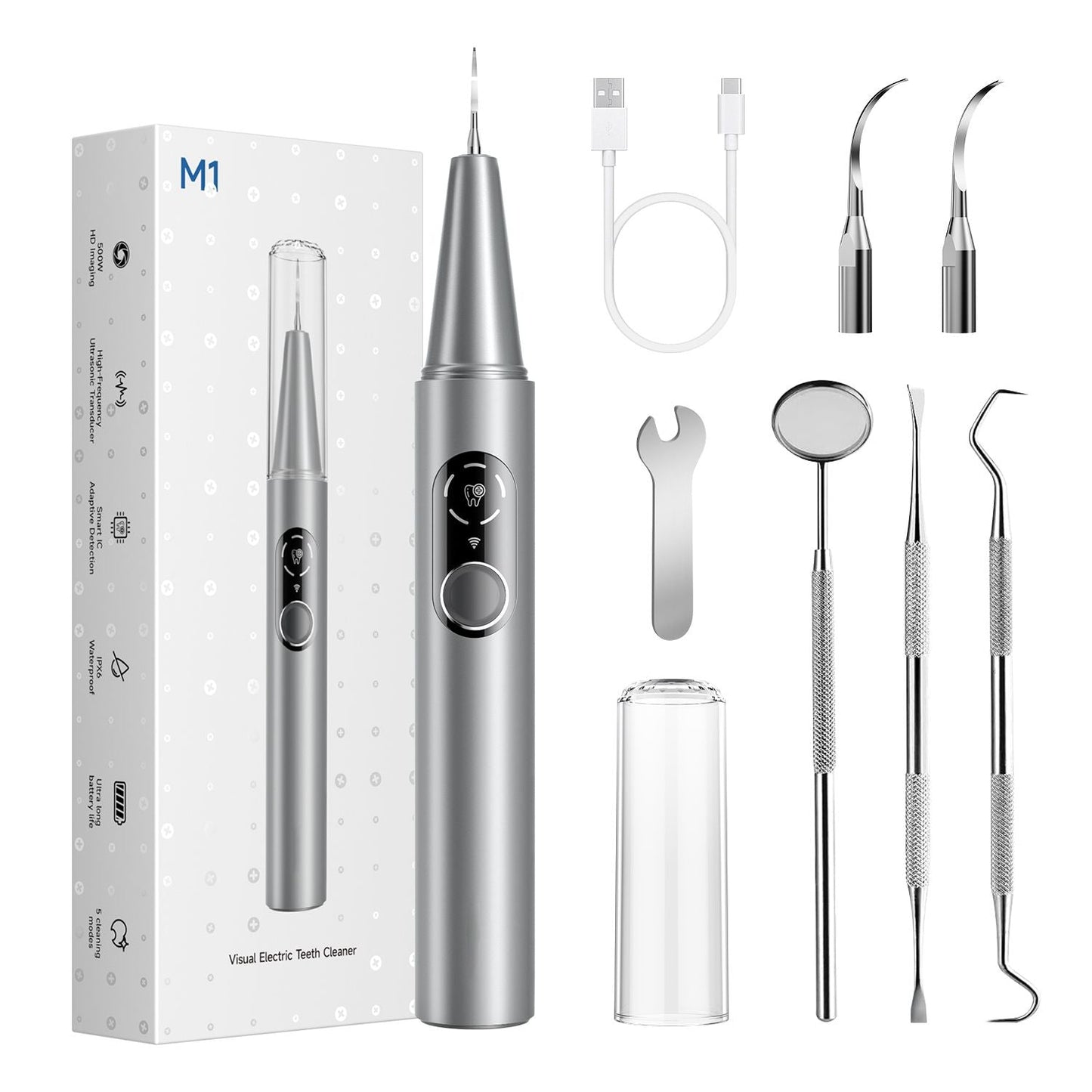 Home stone-removing device, visual ultrasonic dental cleaner for removing tartar and dental plaque, crescent-shaped dental cleaning tool