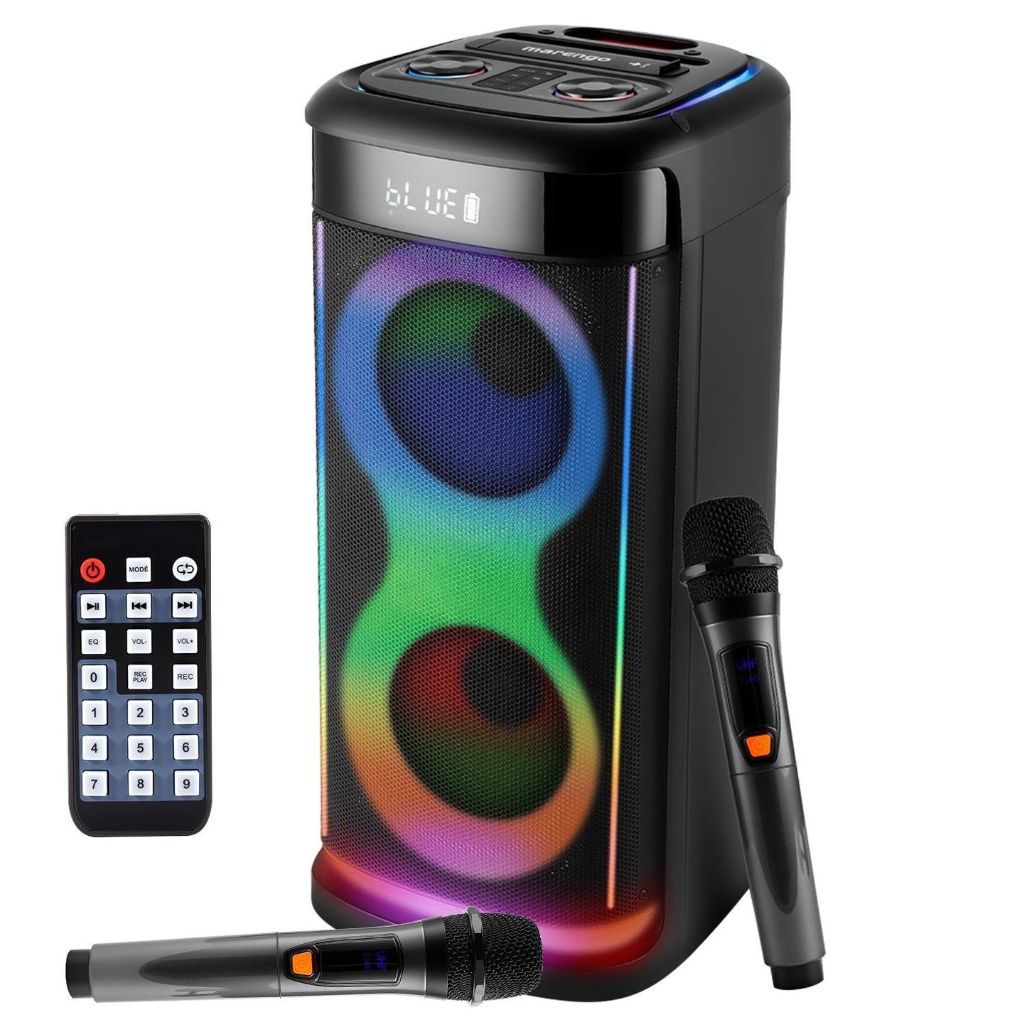 Portable Wireless Party Speaker with LED Light Wireless Mic Remote Control TWS Treble Bass Mic. Echo Music Accompany Mic. Priority Guitar In