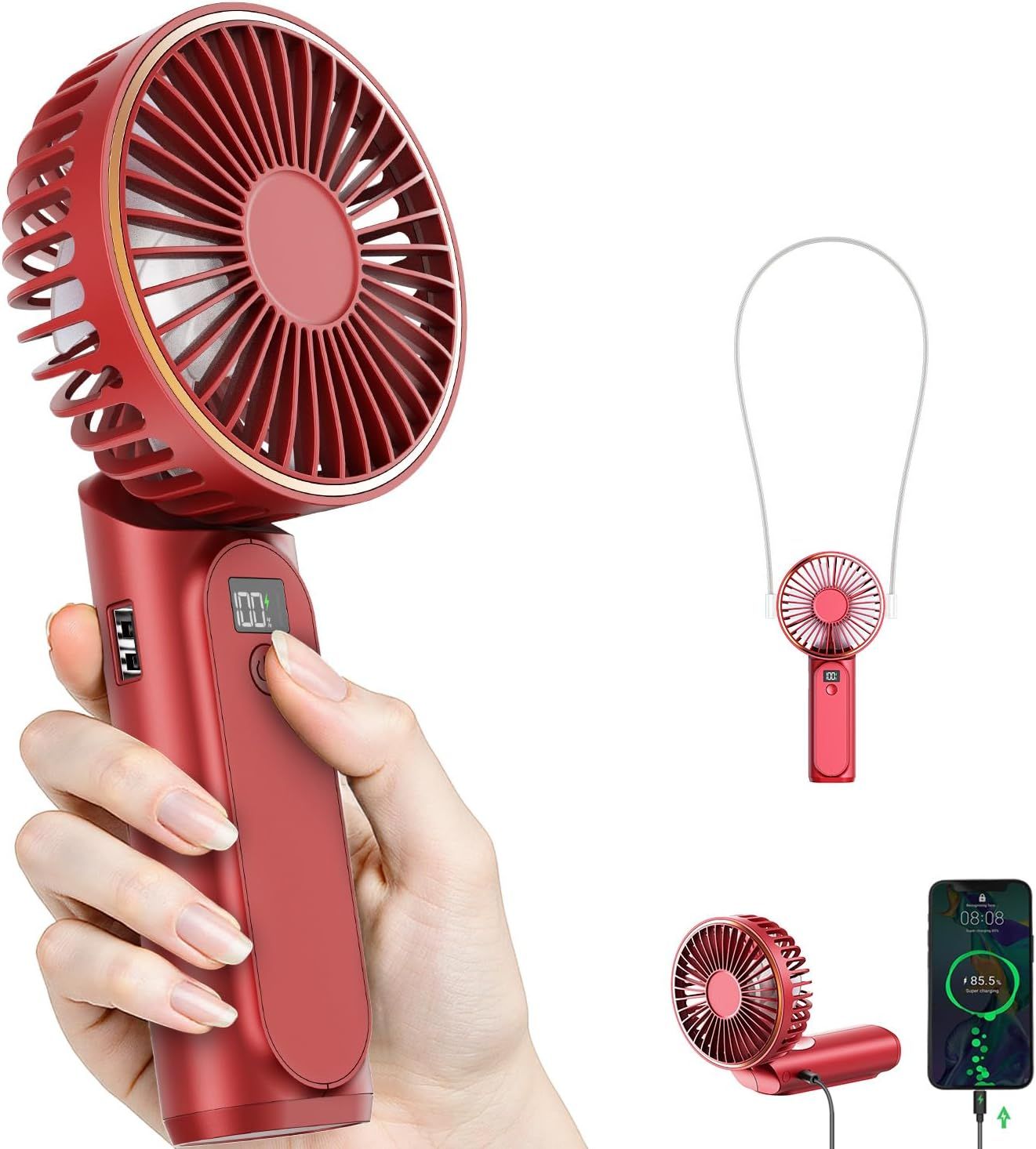 Portable Handheld Fan, Portable Fan Rechargeable, 4000mAh, 180° Adjustable, 6 Speed Wind, Display Electricity in Real Time, USB Rechargeable Foldable F an, Quiet Personal Fan as Power Bank