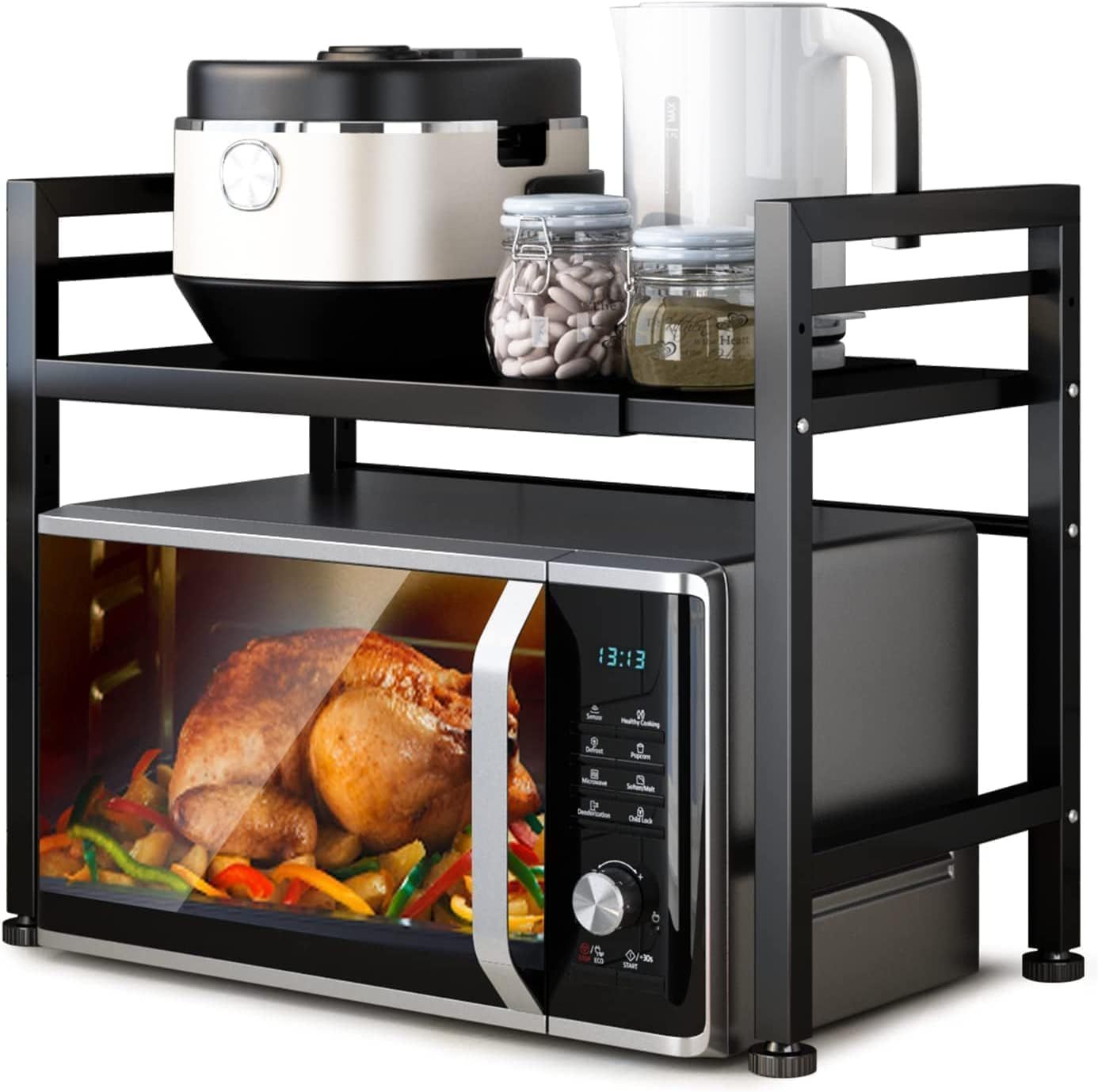 Expandable Microwave Stand Countertop Kitchen Utensils Tableware Storage, Carbon Steel Over Microwave Shelf Countertop with 3 Hooks
