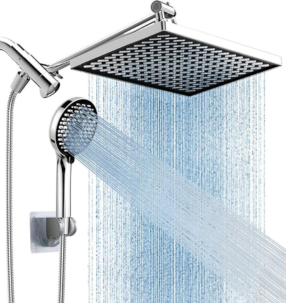 11.8 Inch Rain Shower Head with 6 Modes Handheld Water Spray High Pressure Showerhead Combo with 11 Inch Adjustable Extension Arm