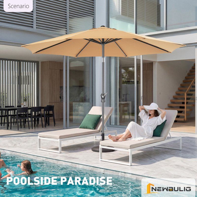 9FT Outdoor Patio Umbrella Outdoor Table Umbrella with Push Button Tilt and Crank, Market Umbrella 8 Sturdy Ribs UV Protection Waterproof for Garden, Khaki-New