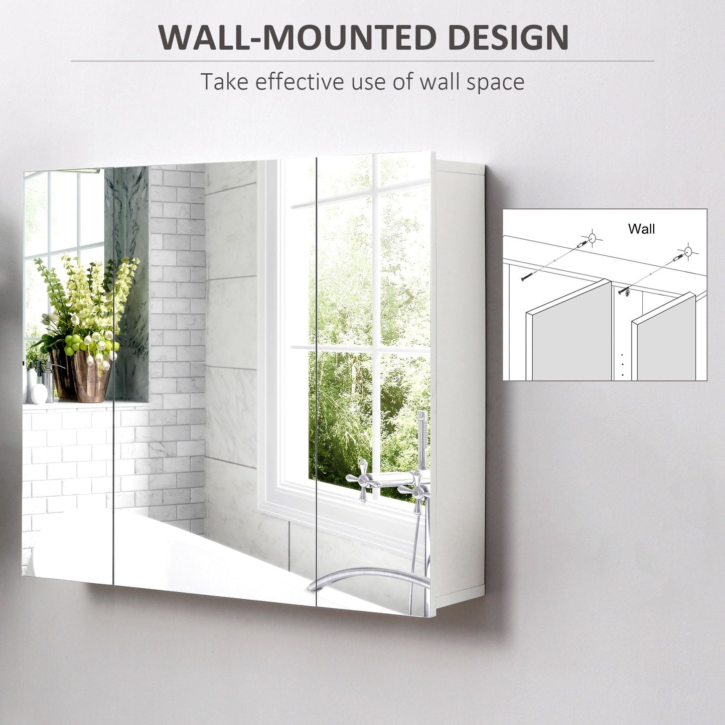 Wall Mounted Mirror Cabinet, Bathroom Medicine Cabinet with Mirror, 3 Doors and Adjustable Shelves, White