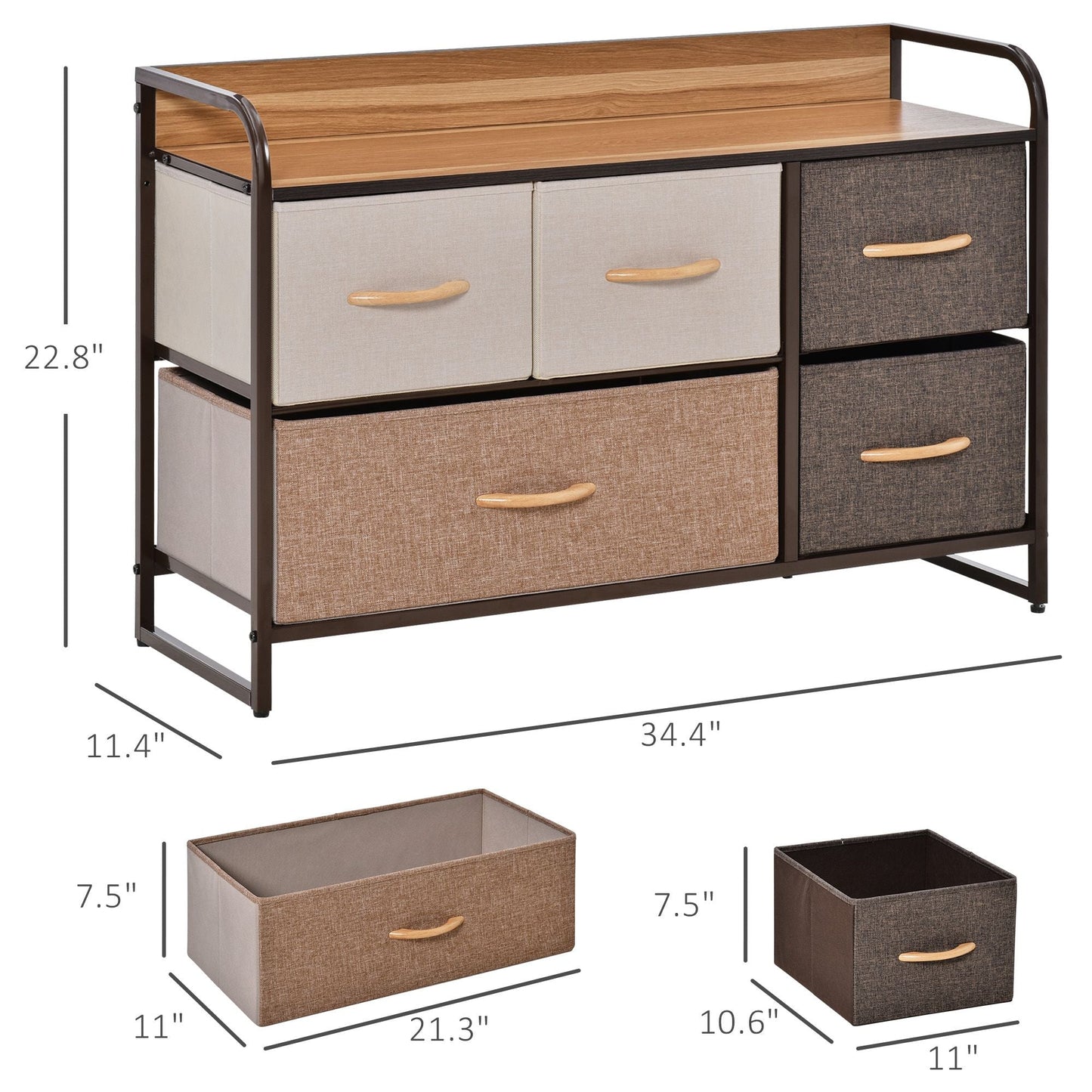 5-Bin Dresser Storage Tower Cabinet Organizer Unit, Chest Dresser Drawers with Metal Frame for Bedroom, Multicoloured