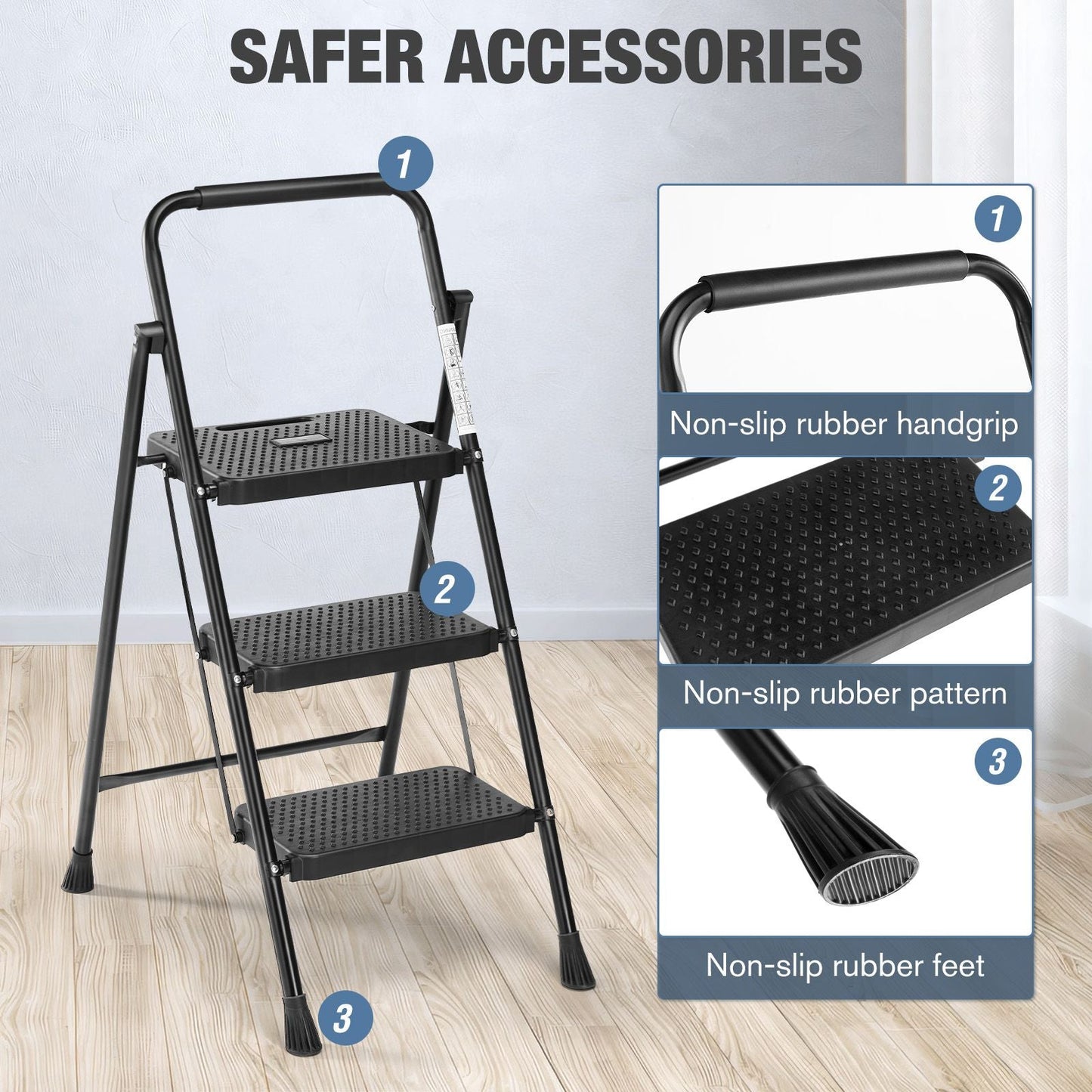 Household portable 3-layer step ladder, with safety buckle stable and safe