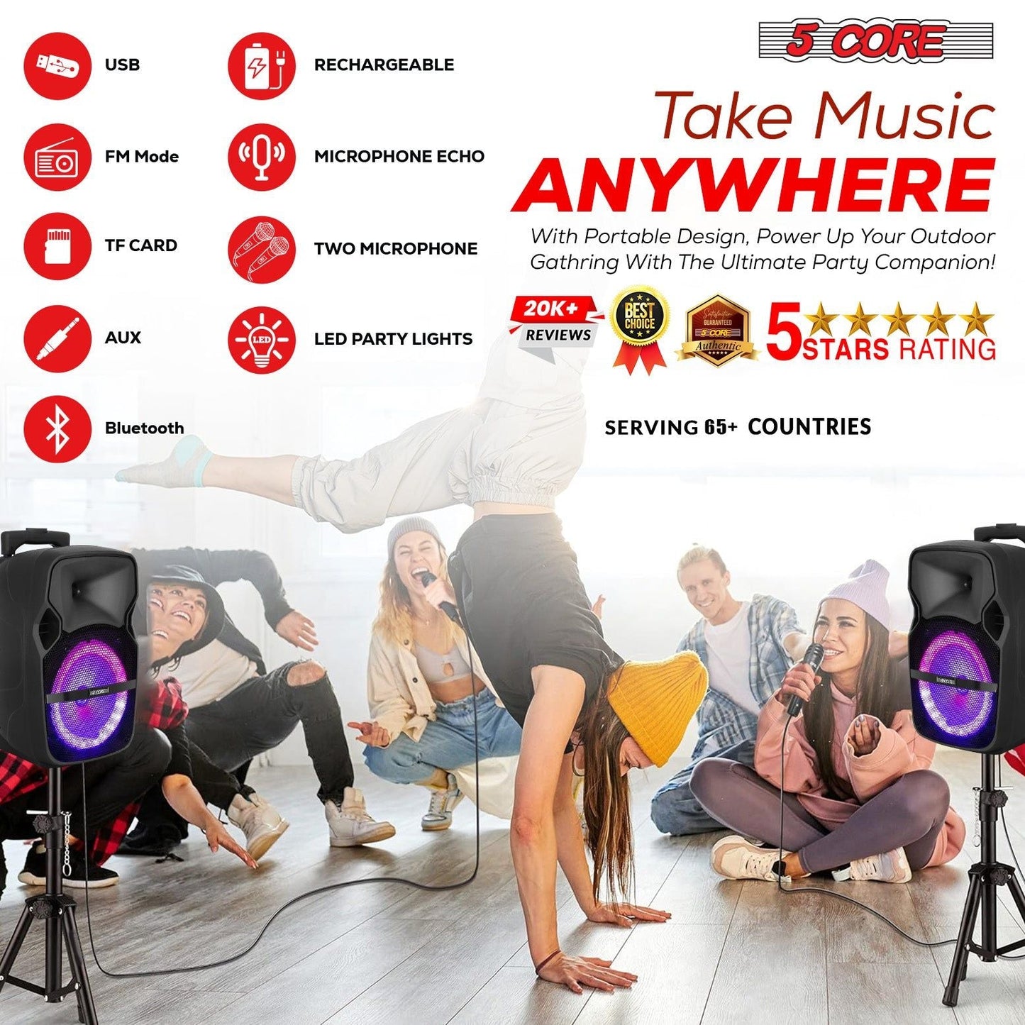 5 Core Party Speaker Bluetooth 250W Big Monster Powered Rechargeable Outdoor PA DJ System w Disco Lights 2 Wireless Karaoke Mics Portable Rolling Speakers w Handle Black - ACTIVE HOME 8 2-MIC