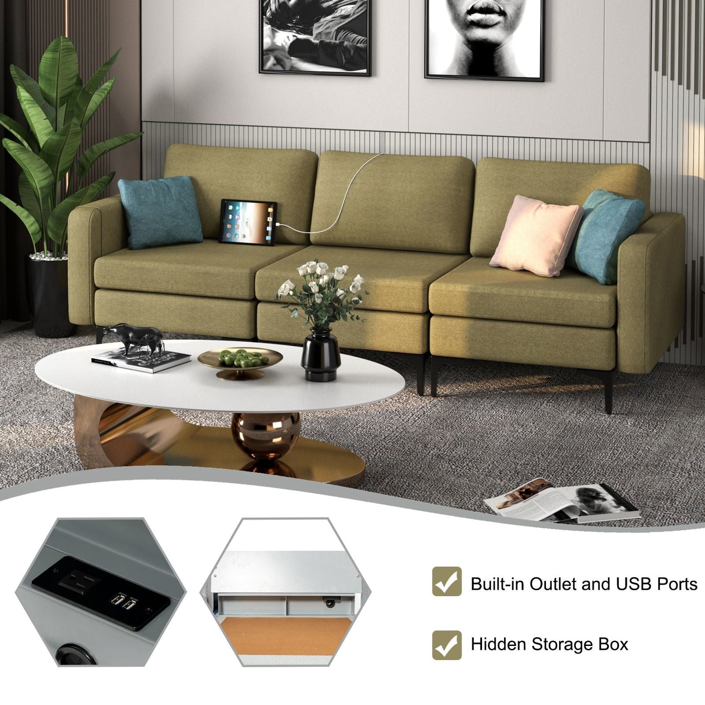 Convertible Sofa Couch with Magazine Pockets 3-Seat with 2 USB Port