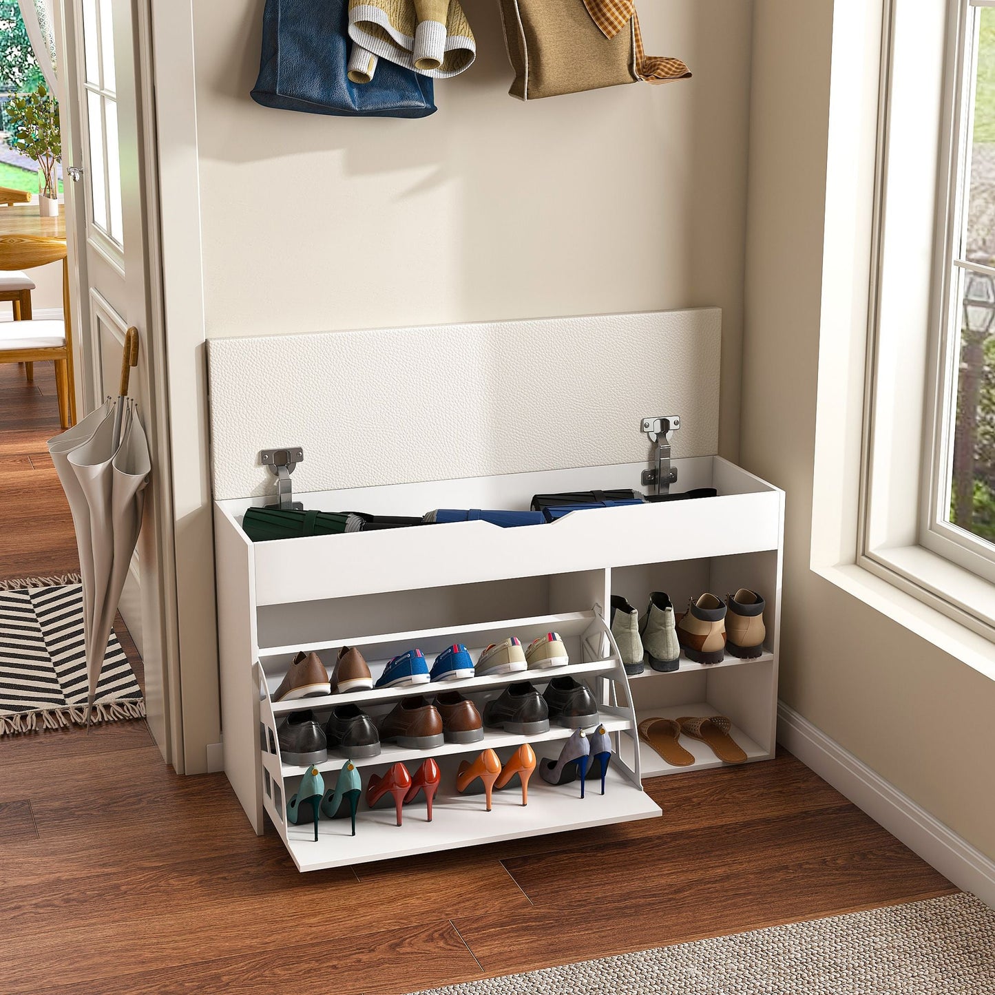 Entryway Bench with Shoe Storage,Adjustable 3-Tier Flip-Up Drawers & Hidden Cabinet,Space-Saving Shoe Organizer,Triple Storage and Modern Design,for Hallway and Living Room