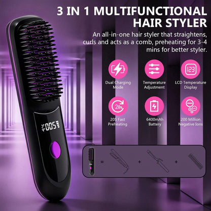 Hair Straightener, Cordless Hair Straightening Brush Portable Cordless Comb with Base Negative Ion Rechargeable Brush for Frizz-Free Shine Straightening, 6400mAh Fast Heating (Black)