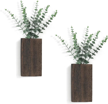 2 Pack Wood Wall Planter Vase with Artificial Eucalyptus Farmhouse Wall Hanging Decor Pocket Planter for Indoor Fake Plants Greenery, Living Room Bedroom Kitchen Home Office Decoration