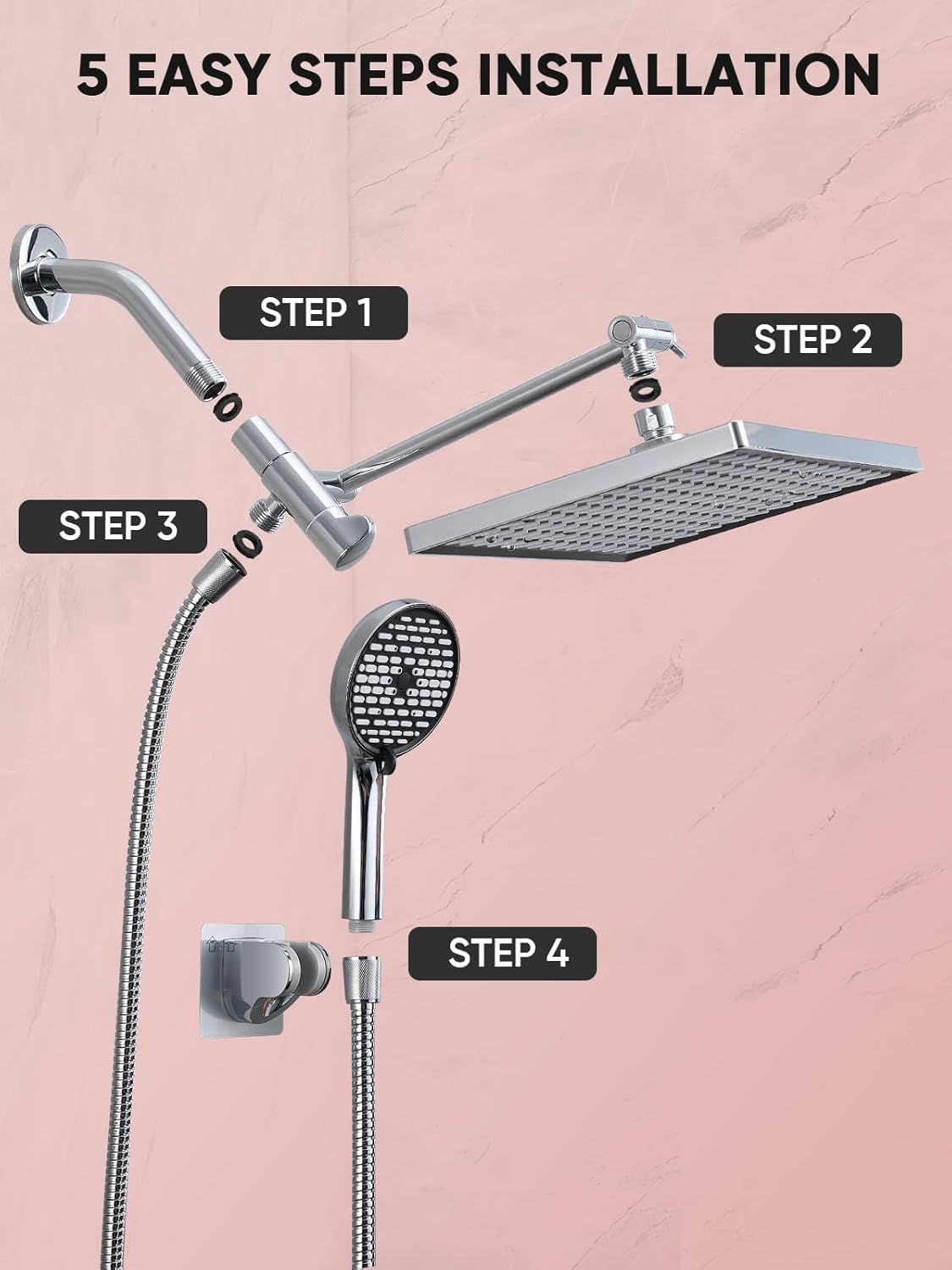 11.8 Inch Rain Shower Head with 6 Modes Handheld Water Spray High Pressure Showerhead Combo with 11 Inch Adjustable Extension Arm