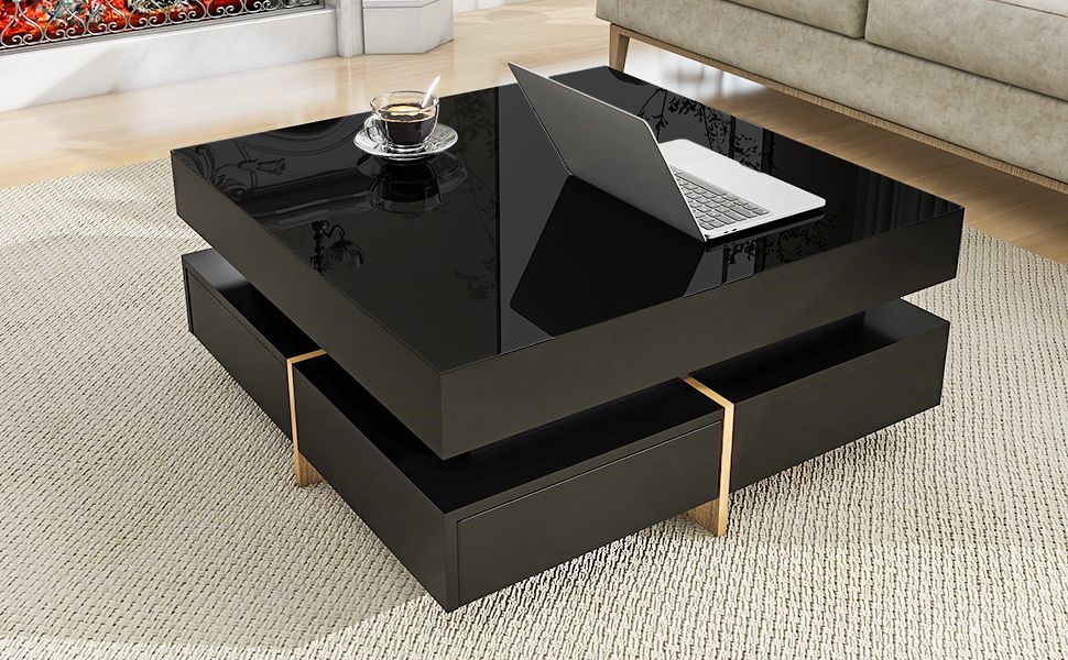 Sleek Black High Gloss Modern Coffee Table with 4 Drawers for Organized Living Rooms, Square Design with Wood Grain Legs, Ideal Cocktail Table 31.5''x31.5''