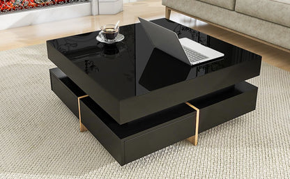 Sleek Black High Gloss Modern Coffee Table with 4 Drawers for Organized Living Rooms, Square Design with Wood Grain Legs, Ideal Cocktail Table 31.5''x31.5''