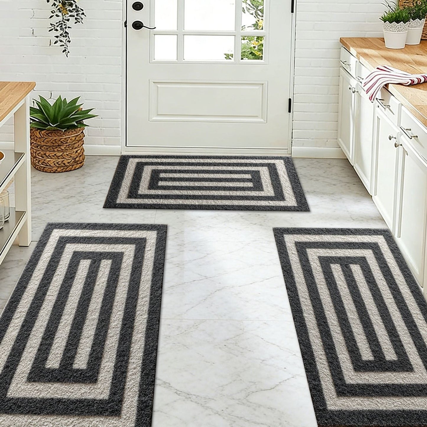 Three-piece kitchen rug set, non-slip and washable, abstract pattern kitchen hallway rug, soft and comfortable, suitable for sinks, floors, entrances, hallways and bathrooms.