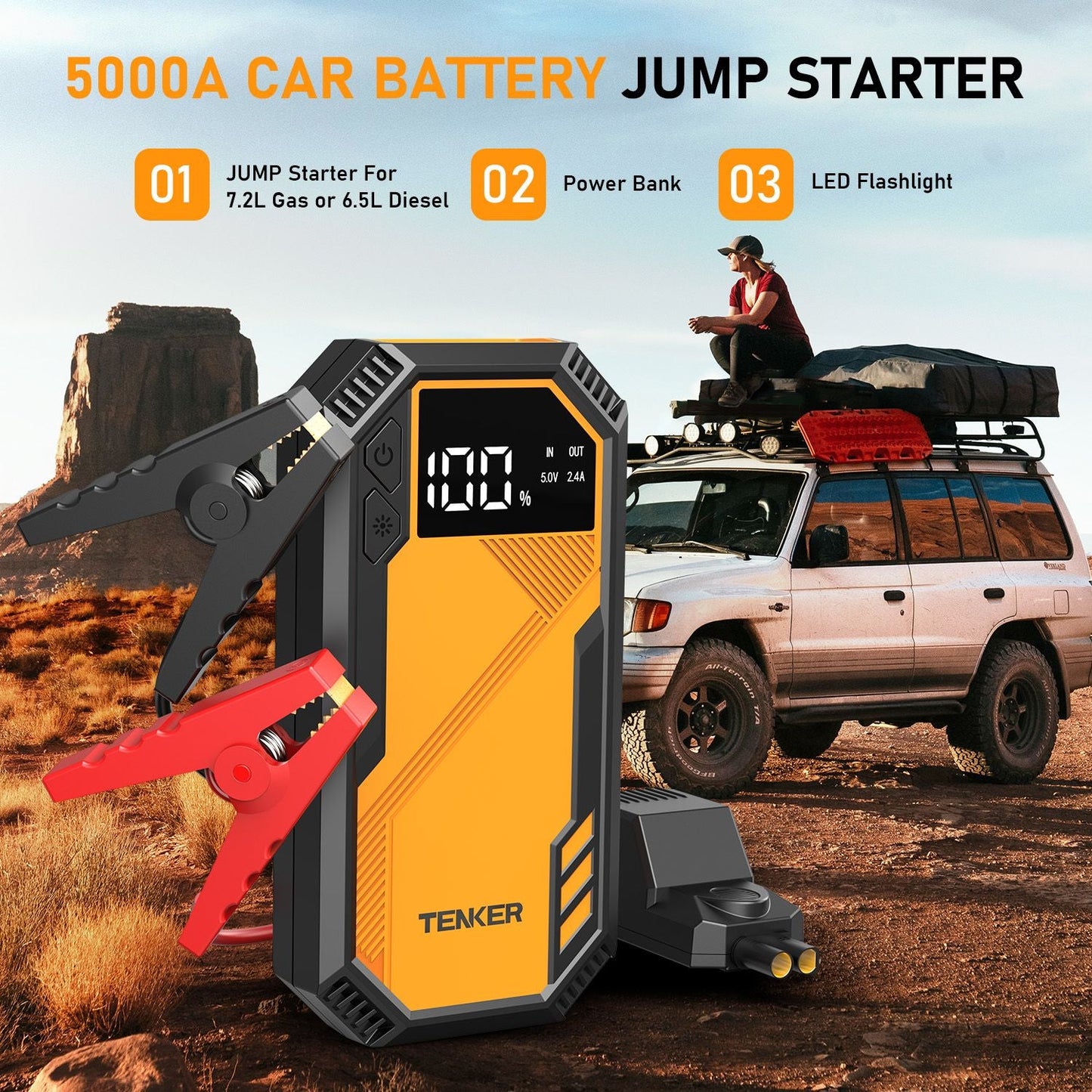 5000A Car Jump Starter 7.2L Gas or 6.5L Diesel 44.4W Portable Power Bank LED Flashlight 12V Jumper Box 10 Protections Built in Comprehensive Protection