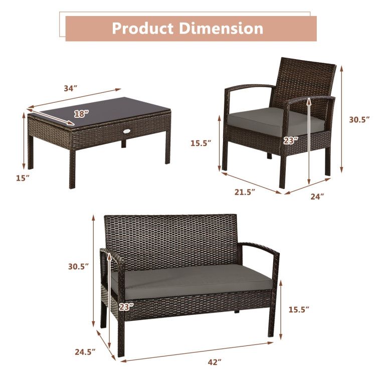 4 Pieces Patio Rattan Cushioned Furniture Set with Loveseat and Table Outdoor Conversation Sets