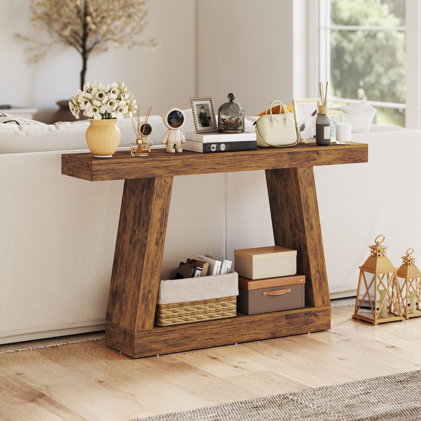 55" Farmhouse Console Table, 2-Tier Entryway Table with Storage for Hallway, Living Room, Behind Couch, Rustic Brown