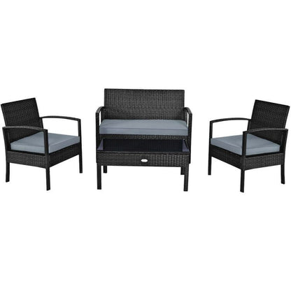 4 Pieces Patio Rattan Cushioned Furniture Set with Loveseat and Table Outdoor Conversation Sets