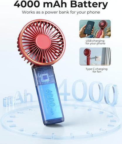 Portable Handheld Fan, Portable Fan Rechargeable, 4000mAh, 180° Adjustable, 6 Speed Wind, Display Electricity in Real Time, USB Rechargeable Foldable F an, Quiet Personal Fan as Power Bank