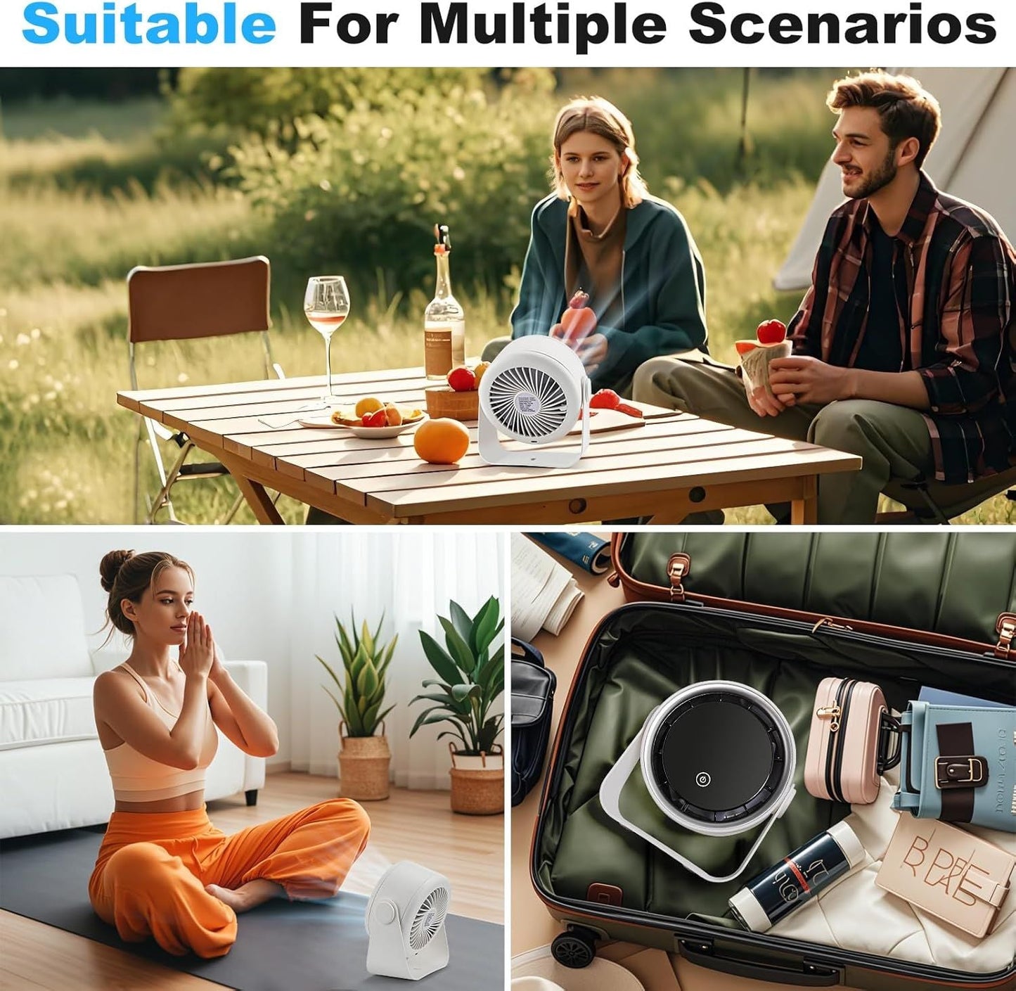 Small Desk Fan 5000mAh Rechargeable Battery Powered -Retro Low Noise Quiet Portable Gentle Blowing with LED Night Light Office Bedroom Table Top Wall Hanging Kitchen Camping Dorm 5-Speed 360° Rotation