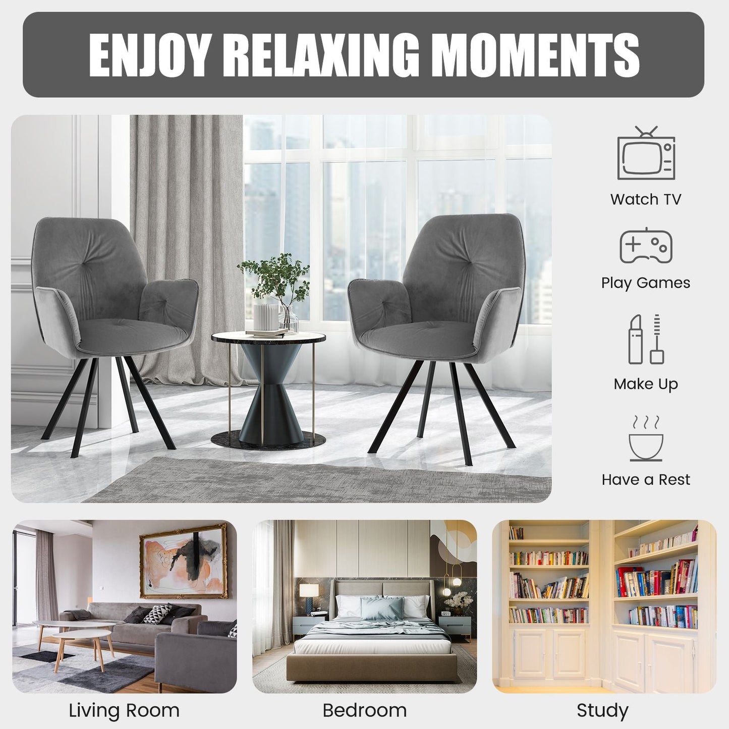 Set of 2 Swivel Accent Arm Chairs with Metal Legs and Wide Back