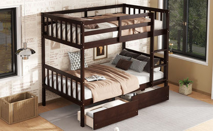 Twin Over Twin Rubber Wood Bunk Bed with 2 Drawers, Convertible into 2 Twin Beds, Twin Size Bunk Bed with Ladder and Safety Guardrails