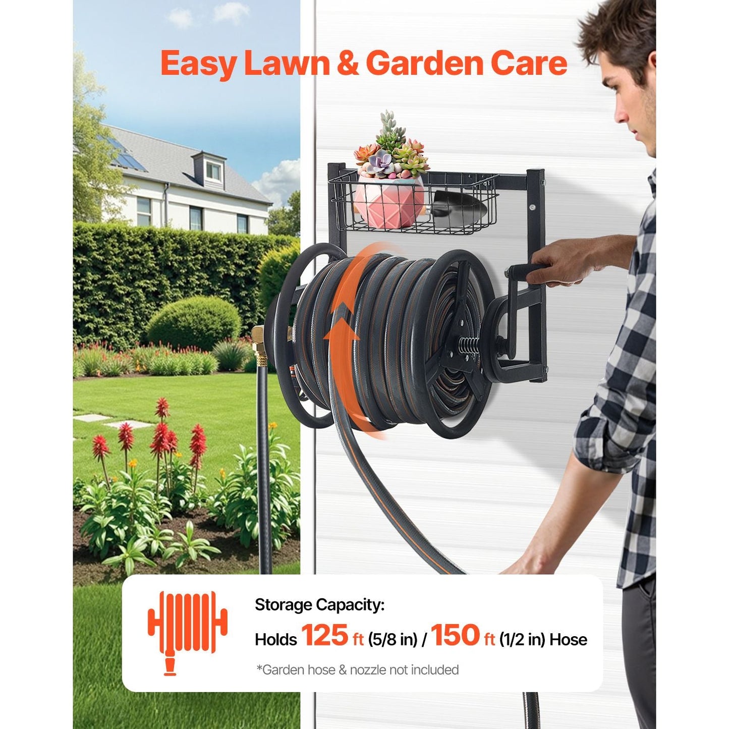 Wall Mounted Garden Hose Reel, Holds 125 ft 5/8-inch Hose, Heavy-Duty Water Hose Winder, Space-Saving Design, Outdoor Manual Reel with Brass Fitting and Storage Basket for Yard Lawn