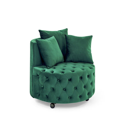 Velvet Upholstered Swivel Chair for Living Room, with Button Tufted Design and Movable Wheels, Including 3 Pillows