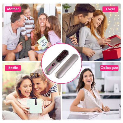 Cordless Negative Ion Hair Straightener Brush Rechargeable Mini Styling Comb with 12 Heating Levels Anti-scald 30S Preheating 30Mins Auto Sleep LCD Display