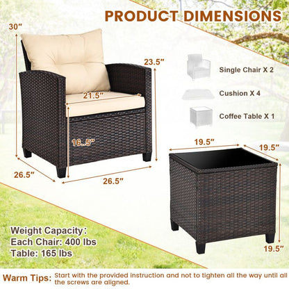 3 Pieces Patio Rattan Furniture Set with 4 Removable Cushions